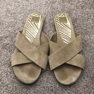 Dolce Vita taupe suede crossover slides